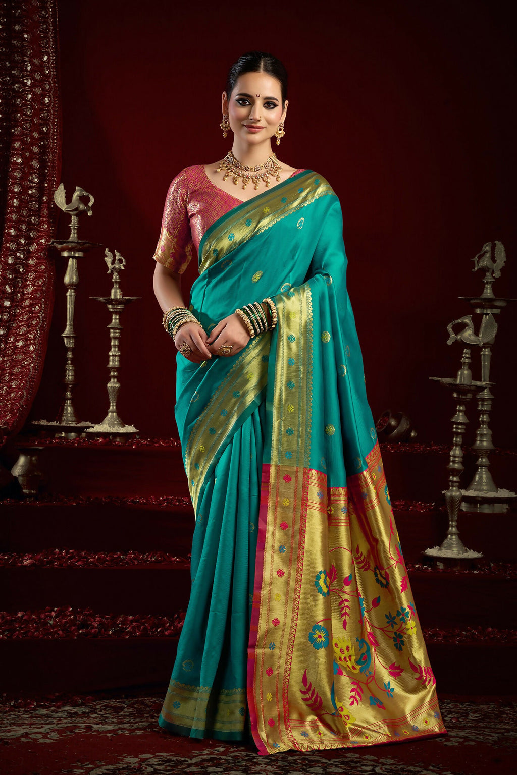 Aqua Blue Paithani Silk Blend Saree with detailed butti work