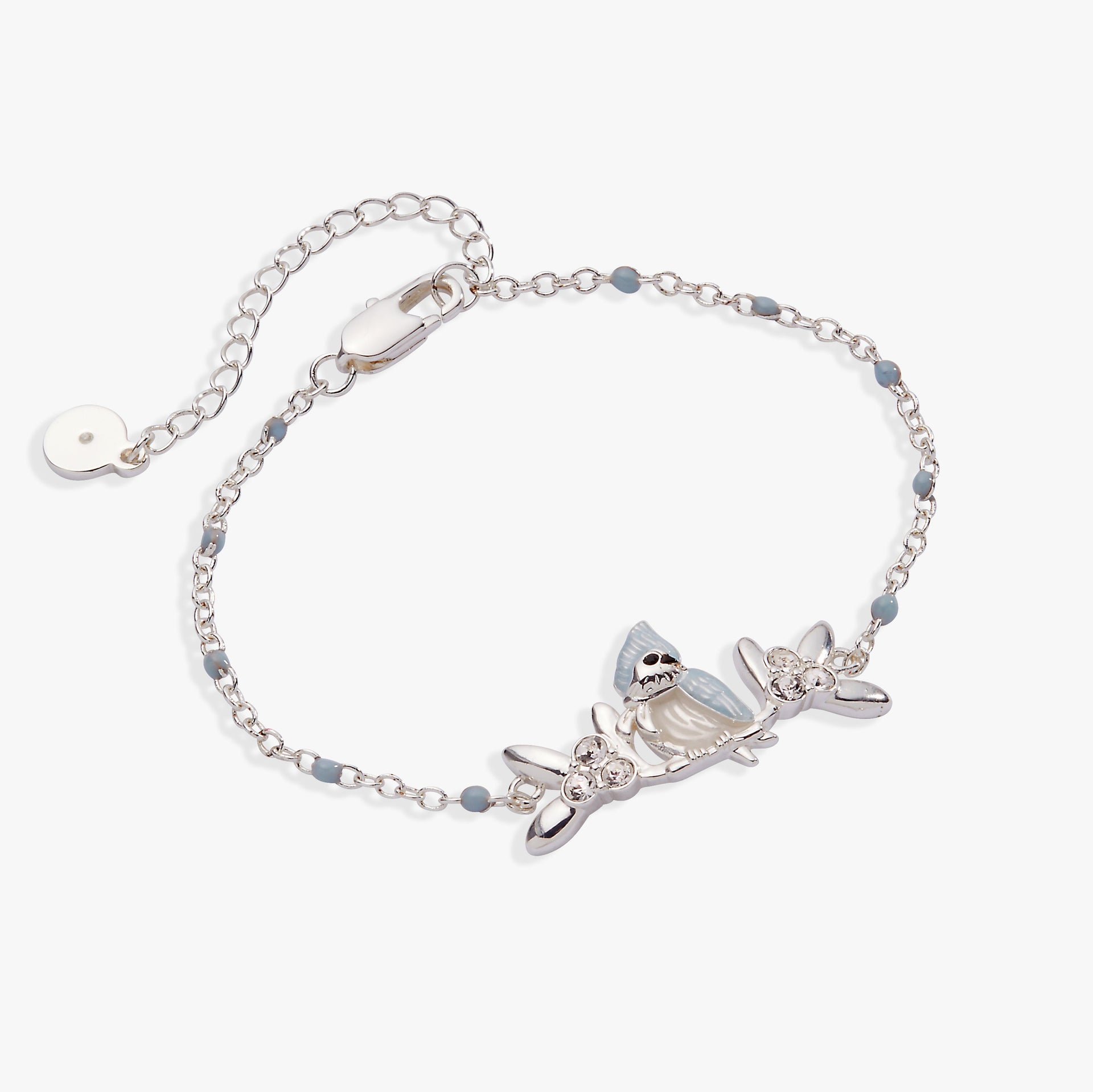 Silver-plated bracelet featuring a 3D tufted titmouse with blue-grey enamel wings, white belly, and crystal-adorned mistletoe.
