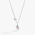 Silver tufted titmouse bird pendant necklace with blue-grey enamel and crystal-accented mistletoe