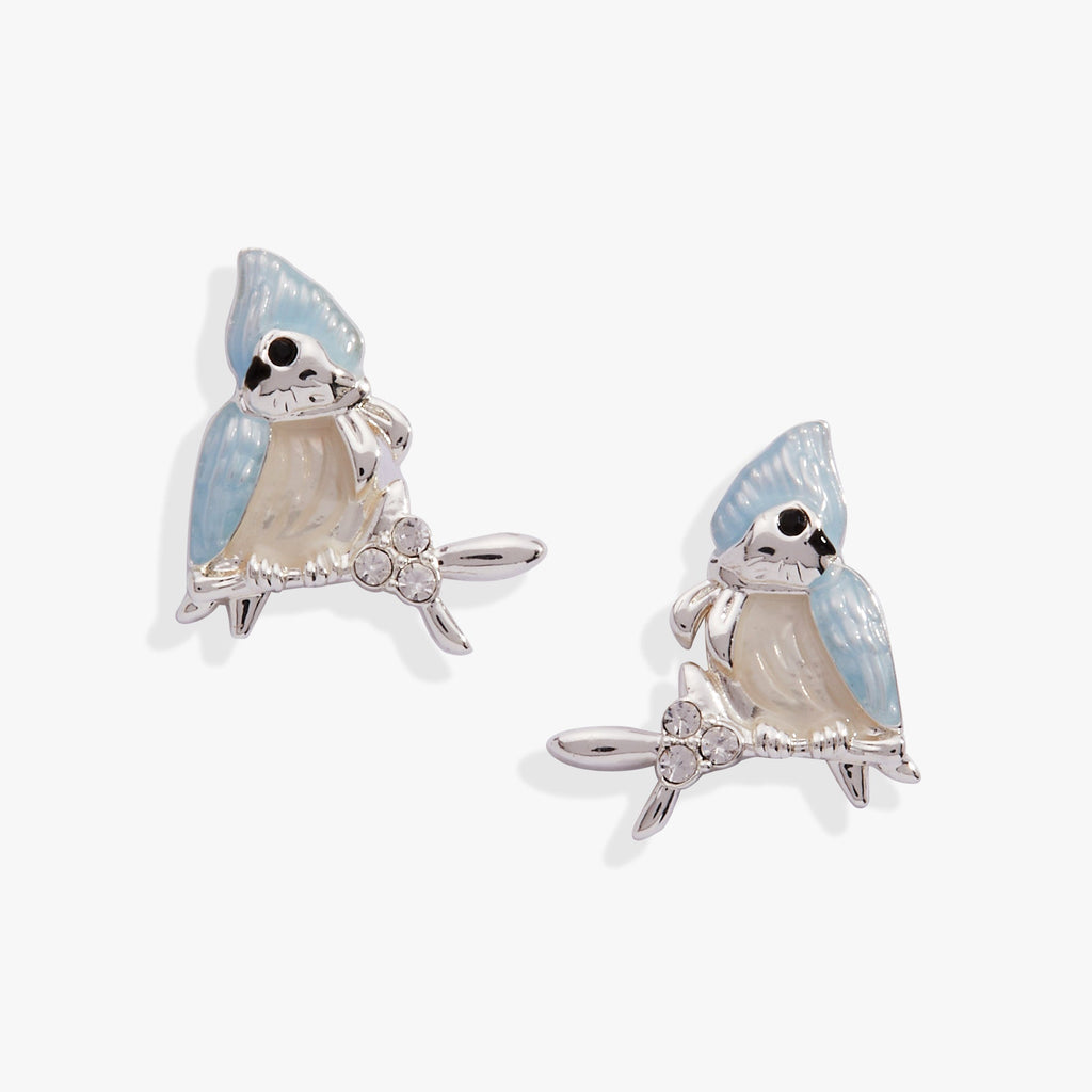 Close up of Tufted Titmouse bird stud earrings with blue-grey enamel and crystal berries on a polished silver finish.