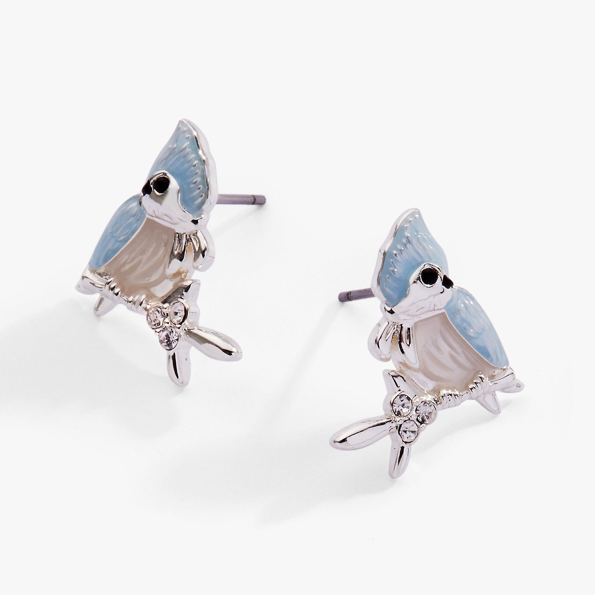 Tufted Titmouse Bird Stud Earrings in Silver with Blue Enamel