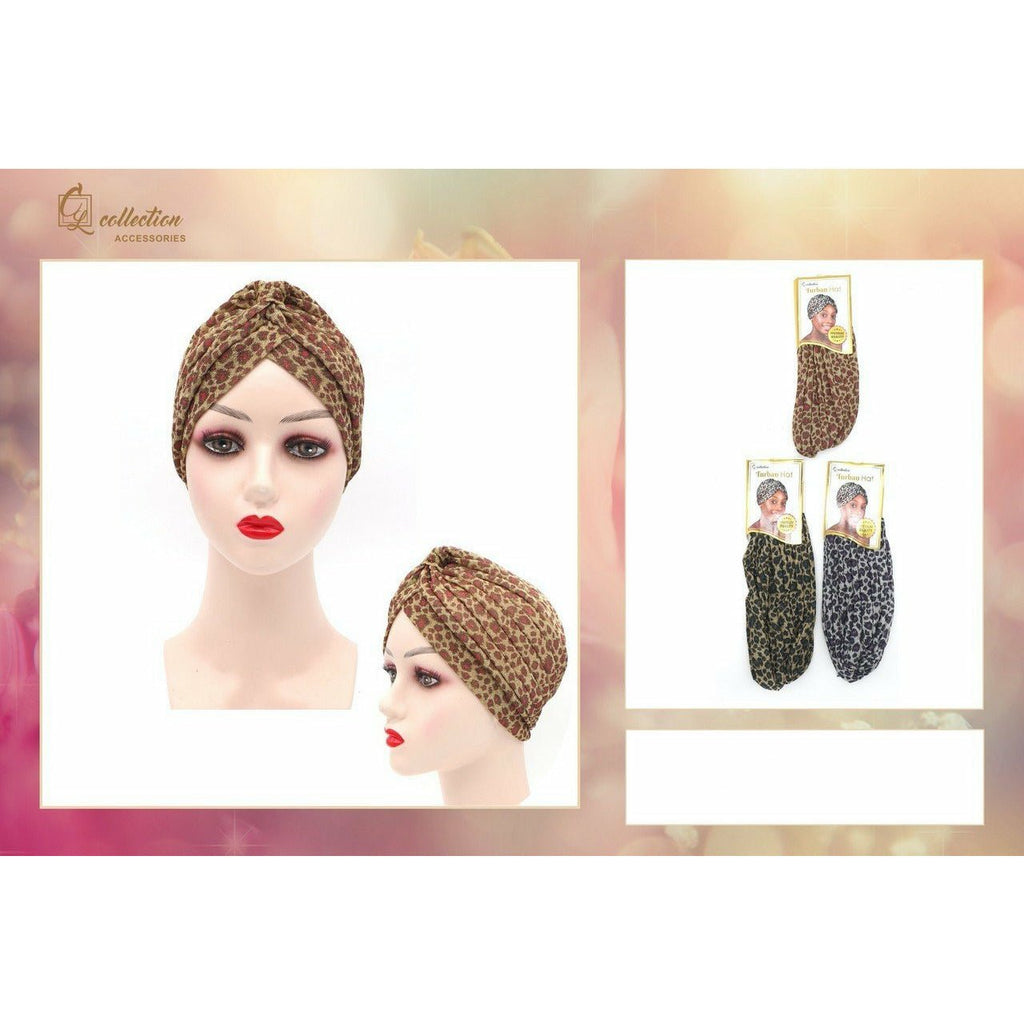 Woman wearing a stylish cheetah print turban hat with metallic shimmer accents in natural brown, black, and grey tones.