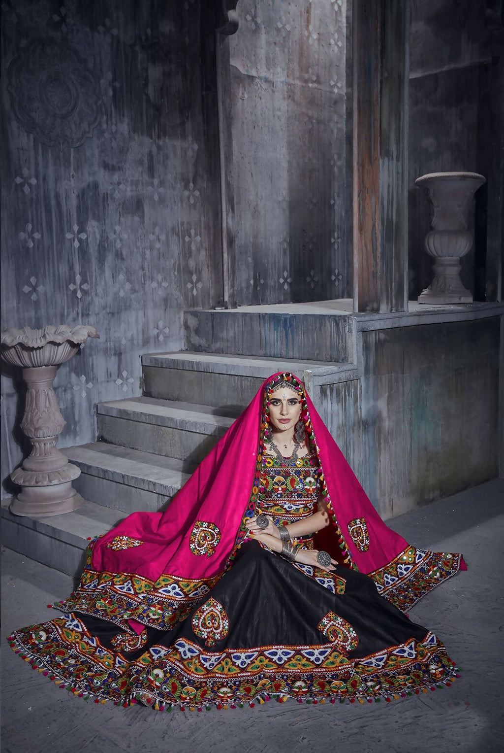 Black Art Silk Designer Navratri Lehenga Choli with Pink Dupatta