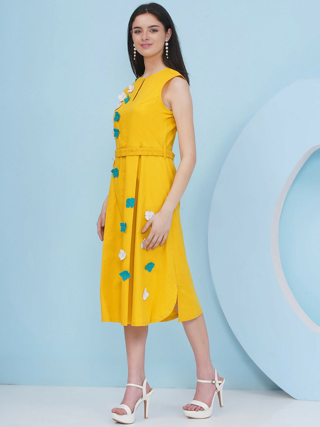 Yellow Dress with 3D Flower Embroidery and Belt