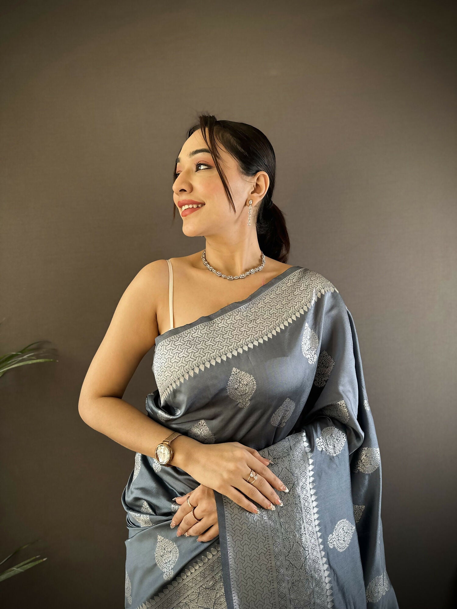 Grey Floral Motifs Soft Silk Banarasi Saree