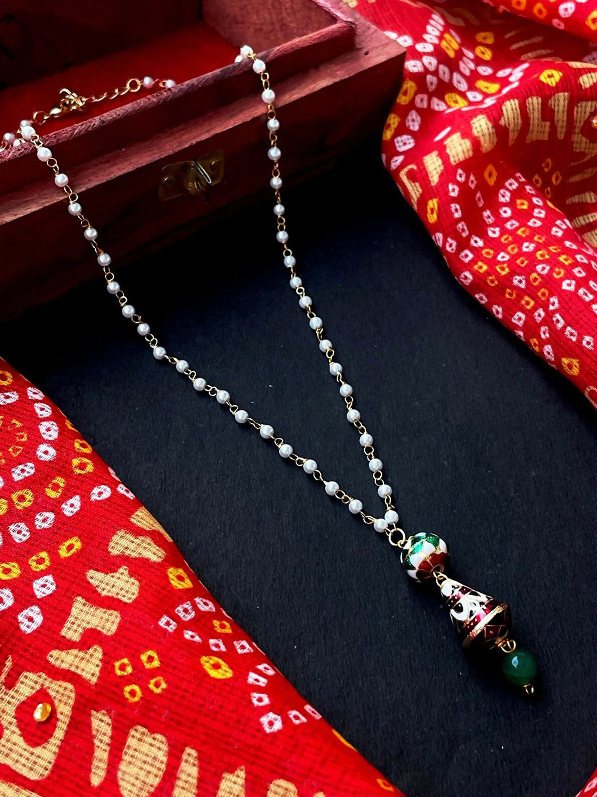 Handmade Meenakari pendant necklace with shell pearl chain in multicolor