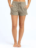 Women wearing Birdie Terry Roll Hem 3-inch shorts in olive green with a relaxed, casual fit.
