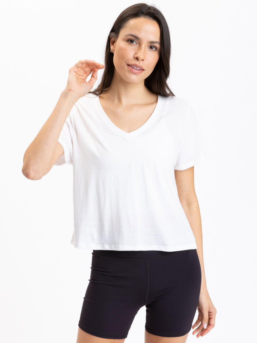 Close up of the Core Triblend Jersey V-Neck Tee in a soft, lightweight fabric.