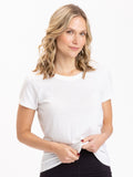 Model wearing a classic crew neck t-shirt made from soft triblend jersey fabric