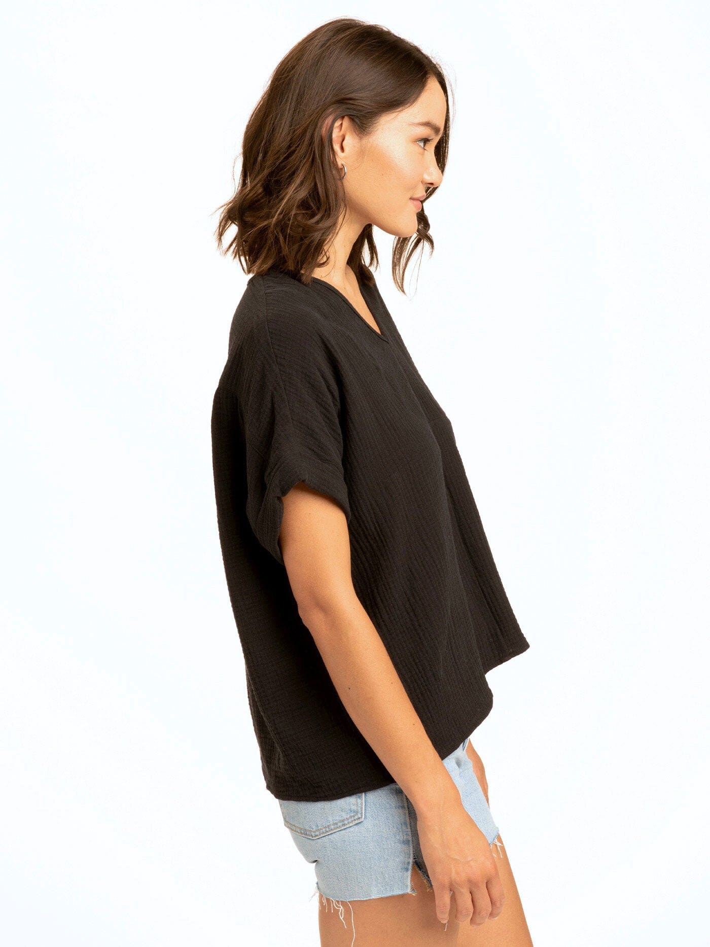 Honora Gauze V-Neck Top for Women in Black