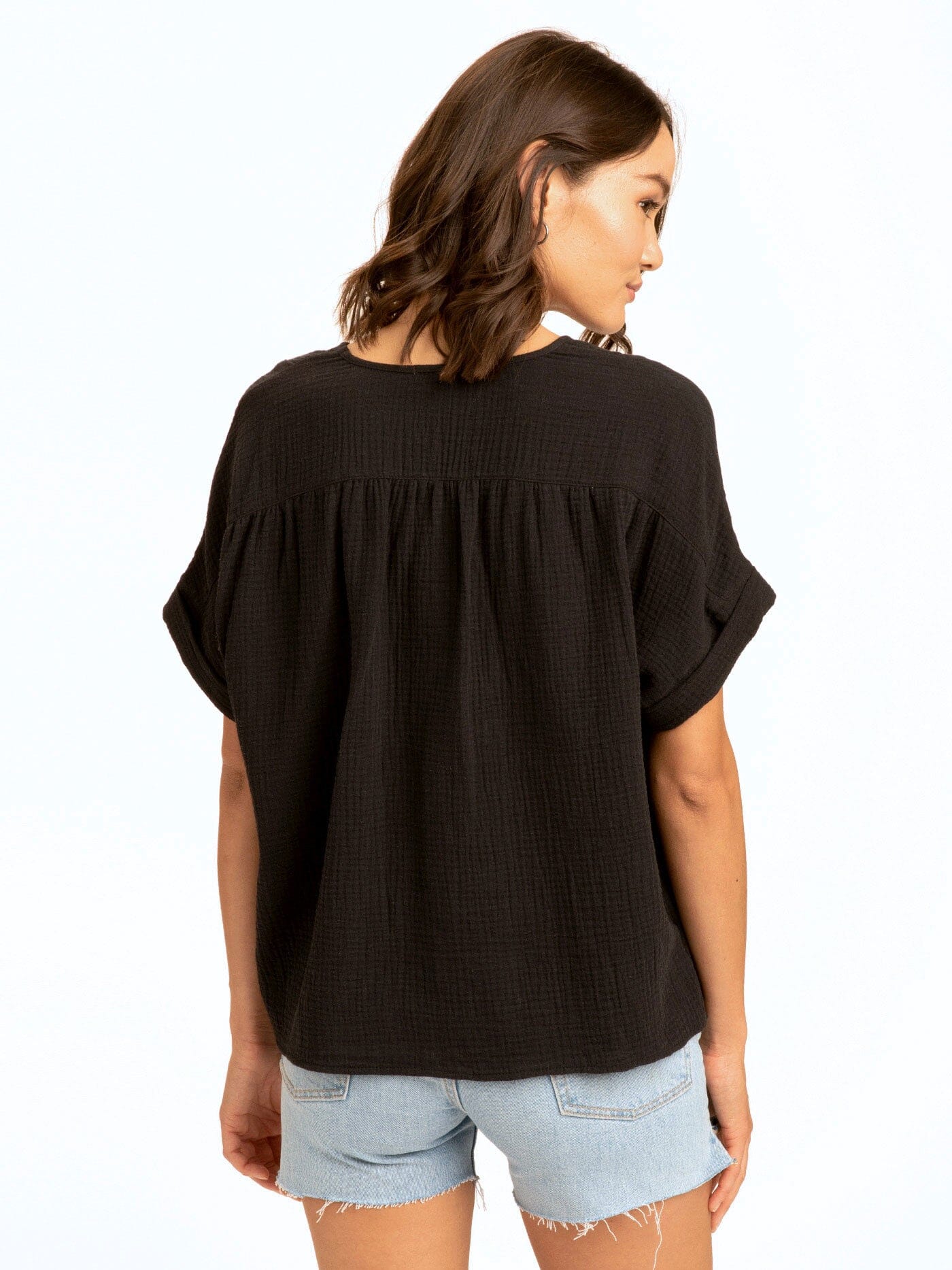 Honora Gauze V-Neck Top for Women in Black