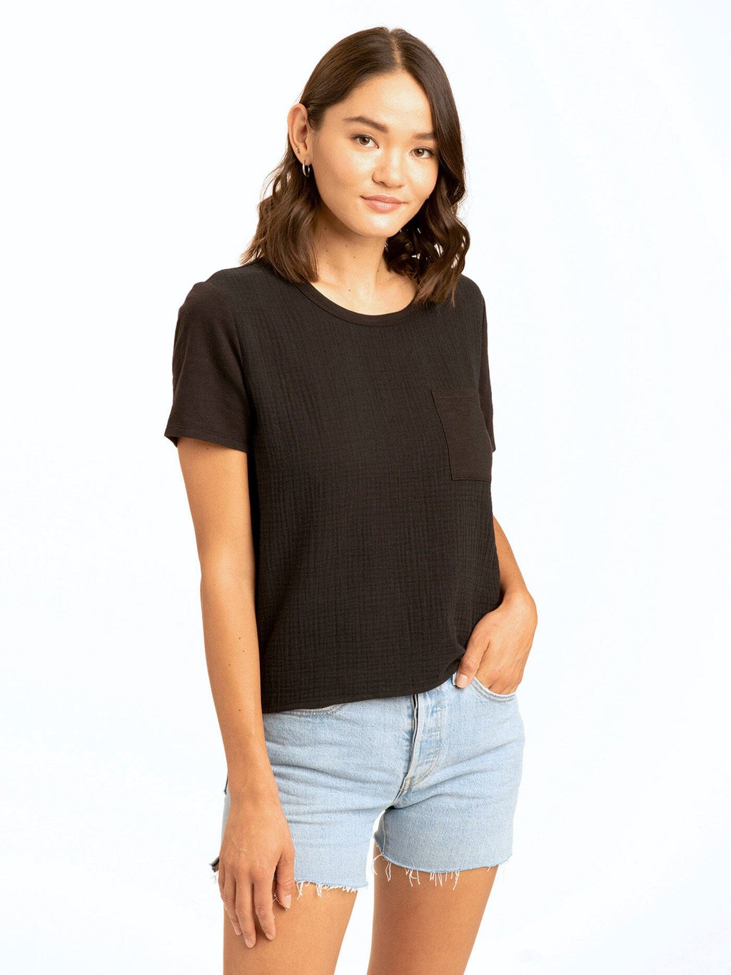 Avelina Gauze Mix Pocket Tee in 100% organic cotton with double gauze and slub jersey texture