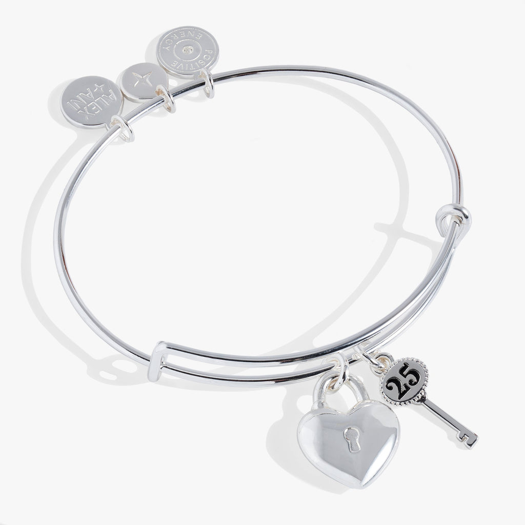 Silver 25th Anniversary bangle featuring a heart-shaped lock and a key charm inscribed with 25.