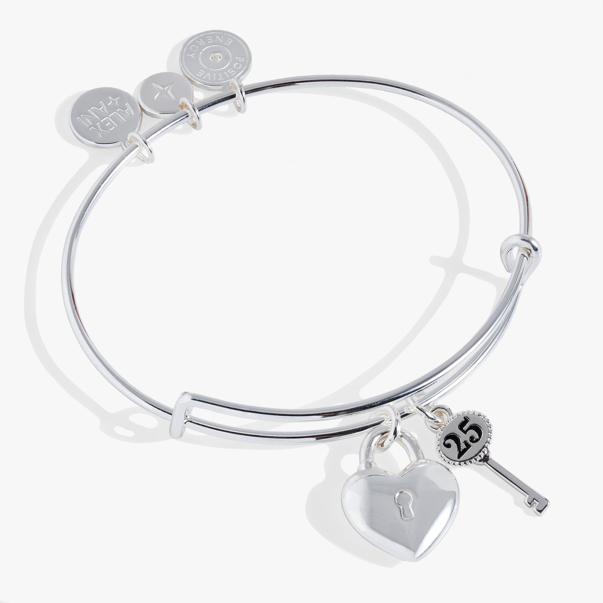 Silver 25th Anniversary bangle featuring a heart-shaped lock and a key charm inscribed with 25.