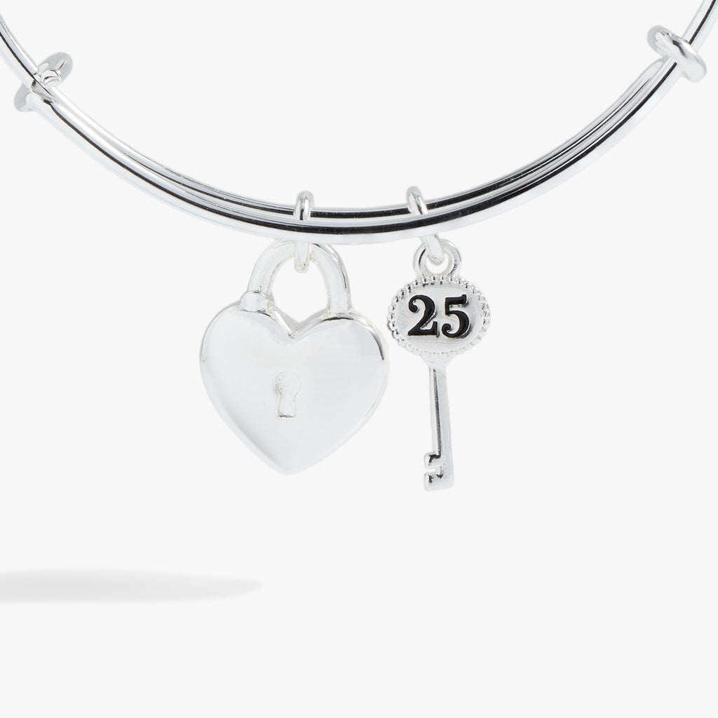 Silver 25th Anniversary Lock and Key Bangle Bracelet