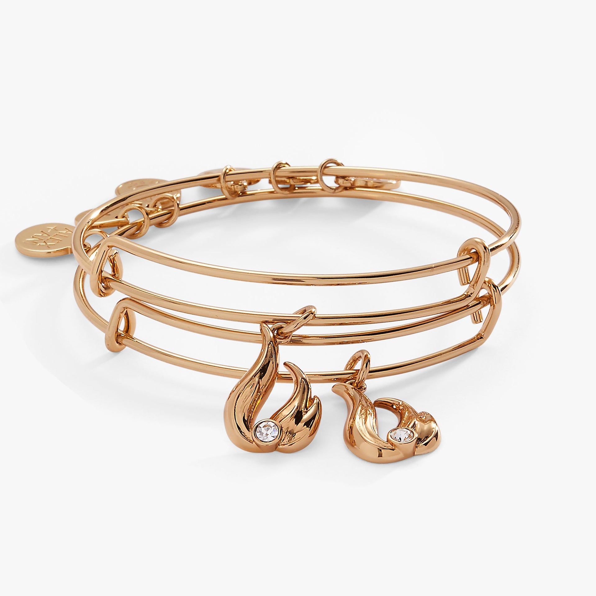 Twin Flame BFF Bangle Set of 2 in gold with crystal-encrusted flame charms