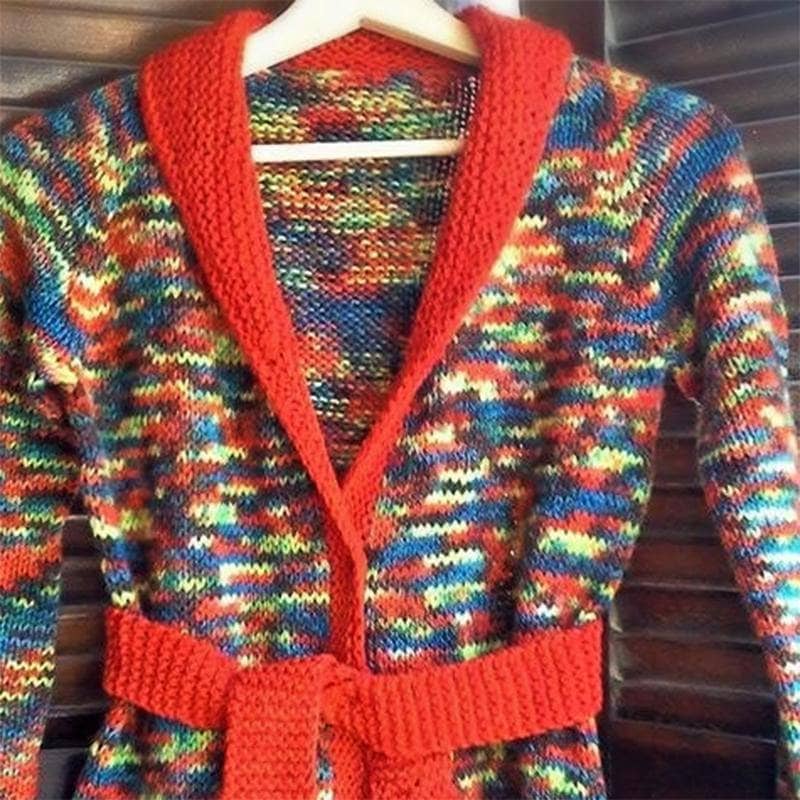 Multicolor knit bohemian cardigan with a collared neckline and front tie closure