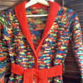 Multicolor knit bohemian cardigan with a collared neckline and front tie closure