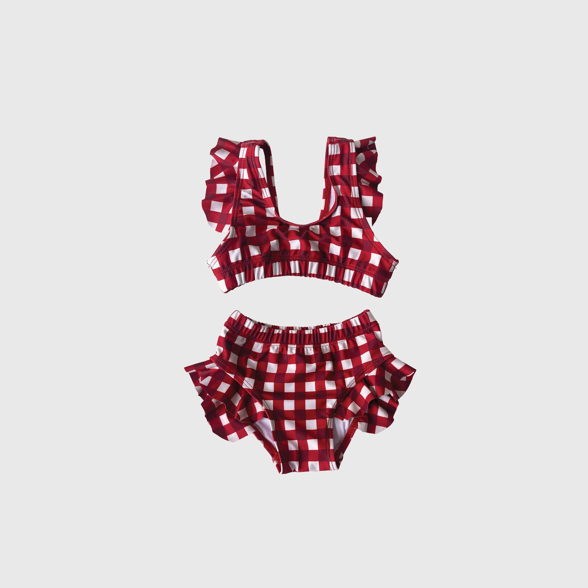 Girl's scarlet and white gingham print two-piece swimsuit