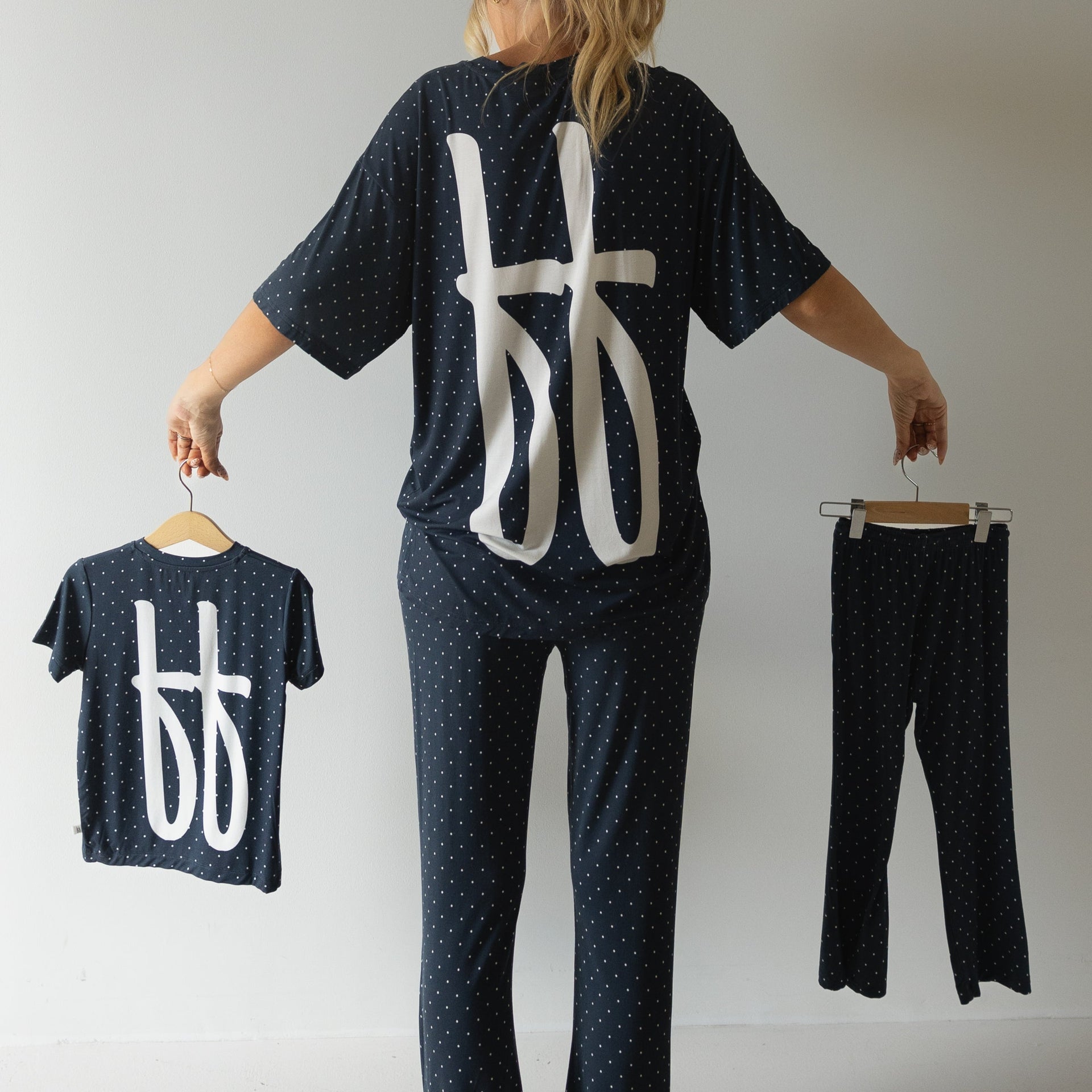 Kids Bamboo Short Sleeve Lounge Set in Navy and White Polka Dot