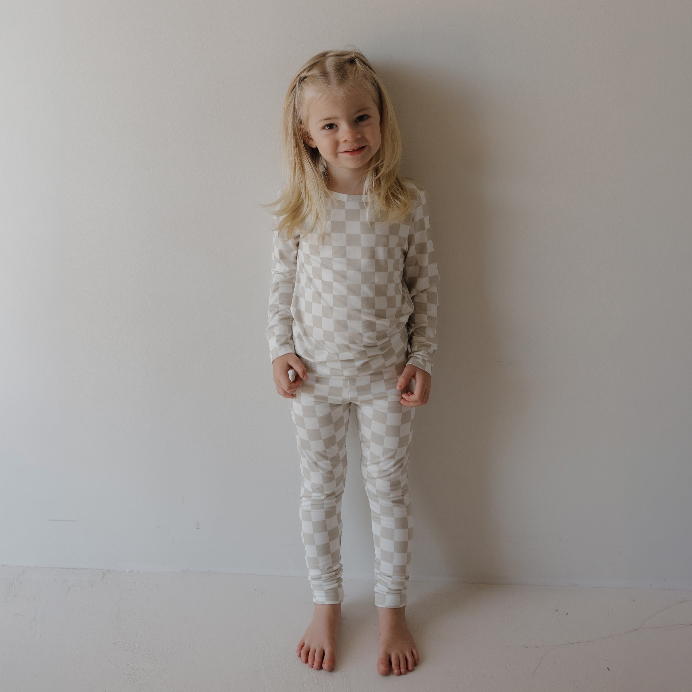 Kids Checkerboard Footless Lounge Set in Beige and Cream