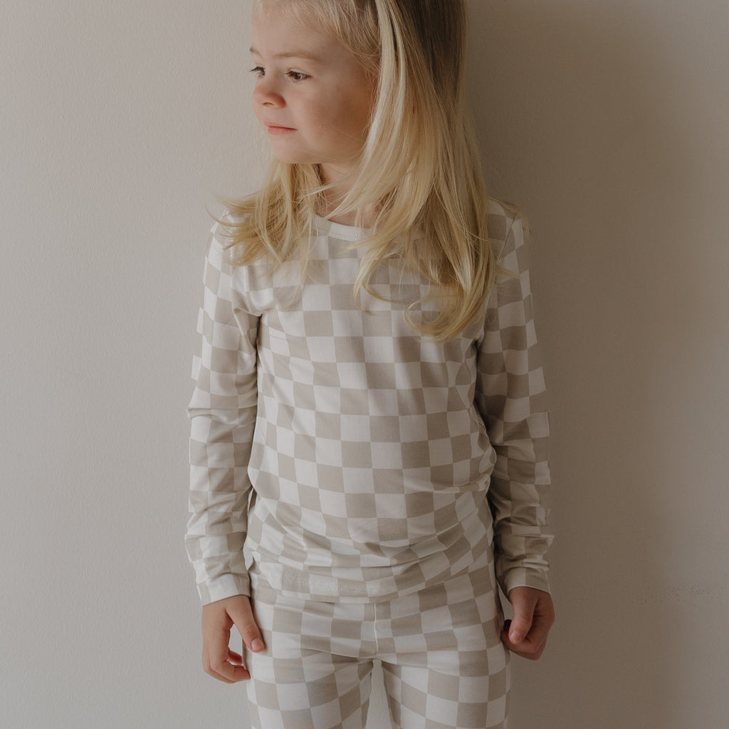 Kids Checkerboard Footless Lounge Set in Beige and Cream