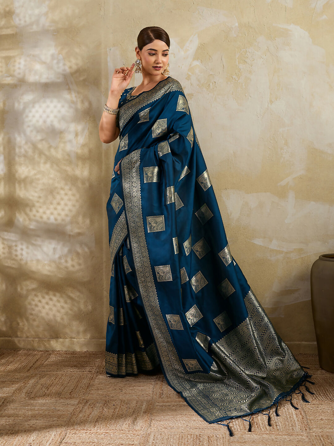 Teal Blue Silk Blend Saree with Matching Blouse Piece
