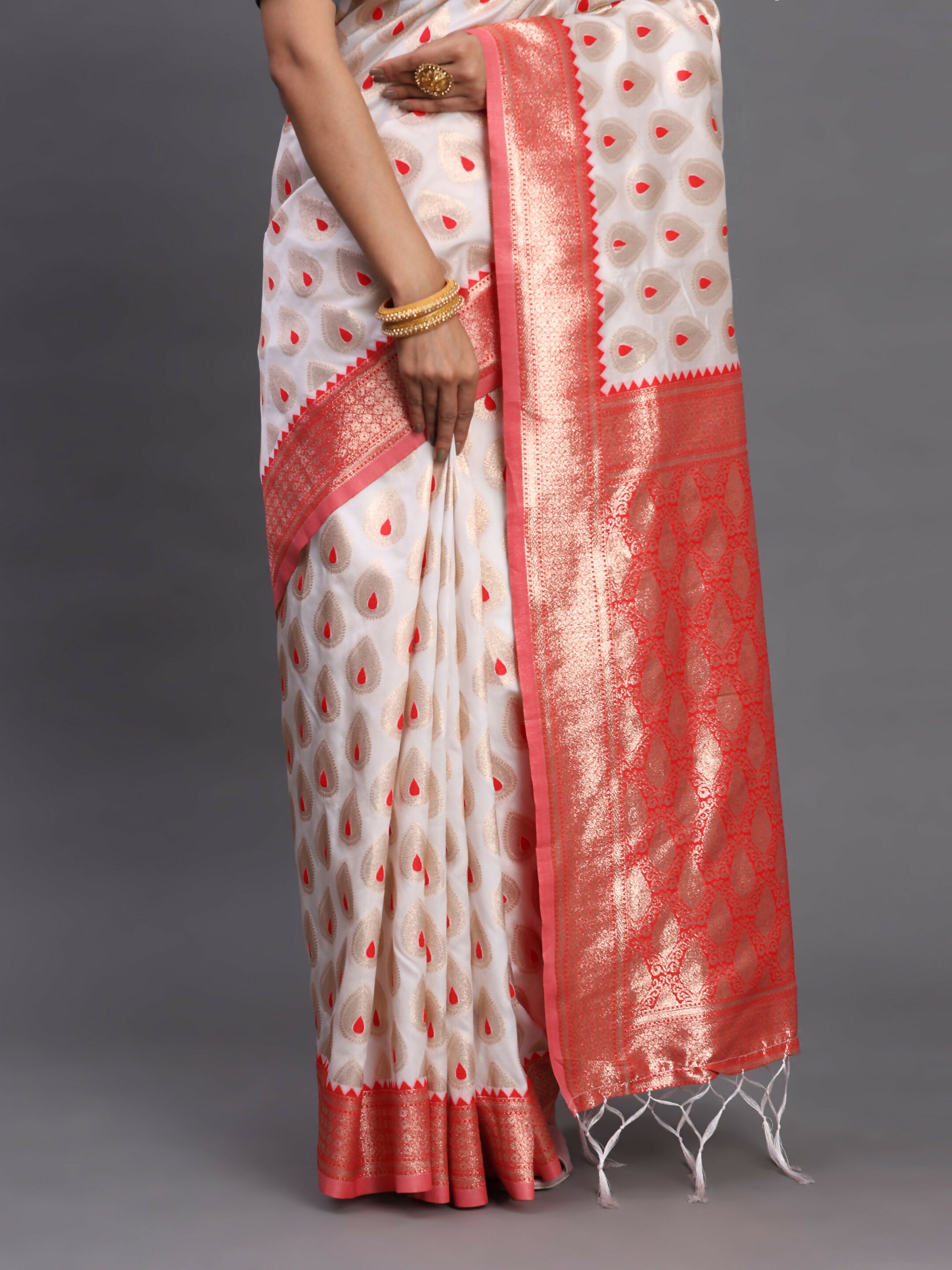 Banarasi Silk Saree in Red and White with Matching Blouse