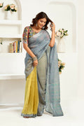 Grey linen ready-to-wear saree with stripes and a vibrant multicolored unstitched blouse.