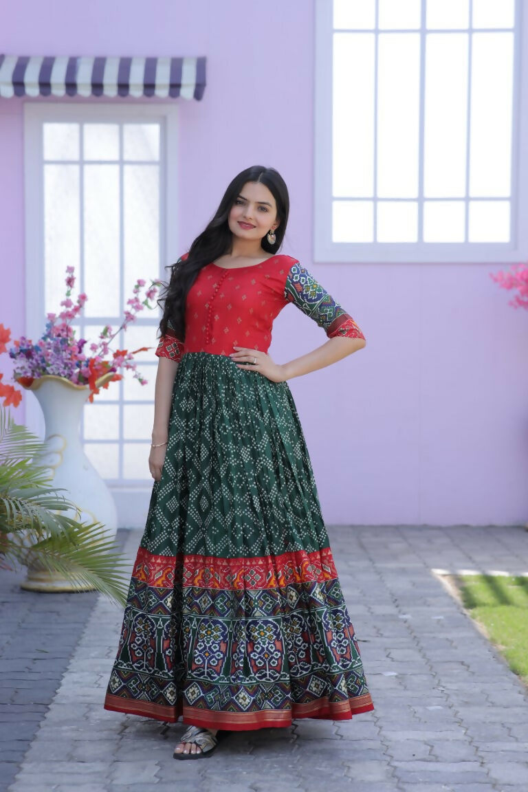 Bottle Green Dola Silk Anarkali with Patola and Foil Print
