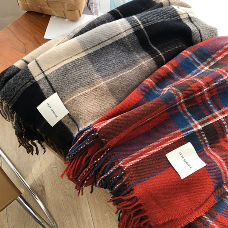 Versatile Retro Plaid Scarf with Tassels for Women