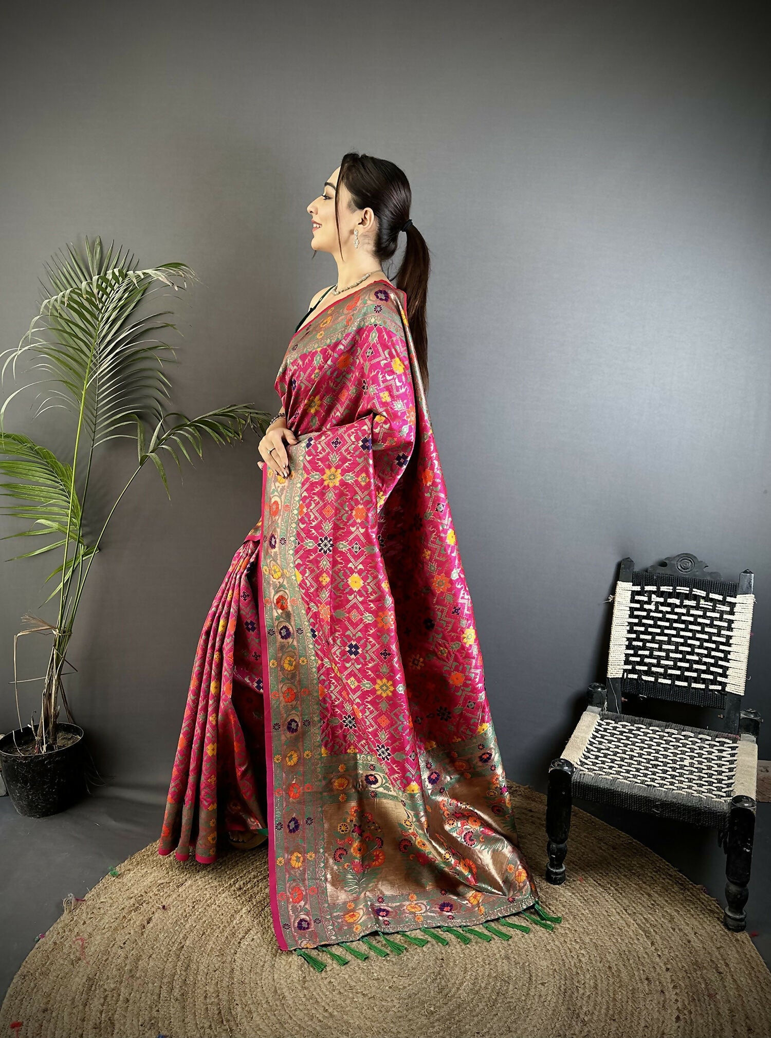 Hot Pink Banarasi Soft Silk Saree with Woven Details