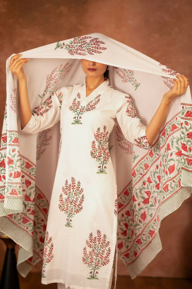 Off White Pink Hand Block Printed Cotton Suit Set