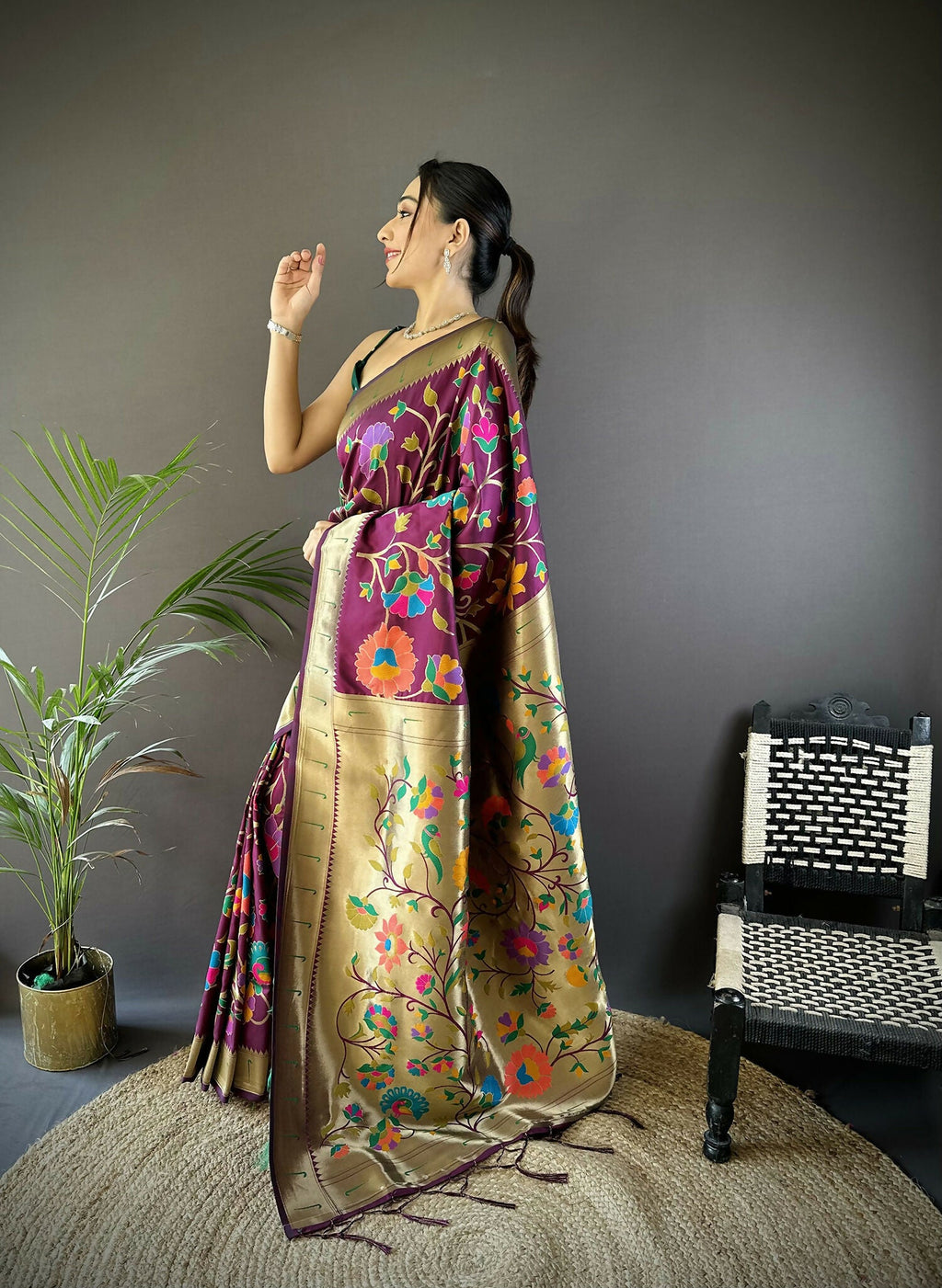 Wine Zari Woven Floral Motif Soft Silk Paithani Saree
