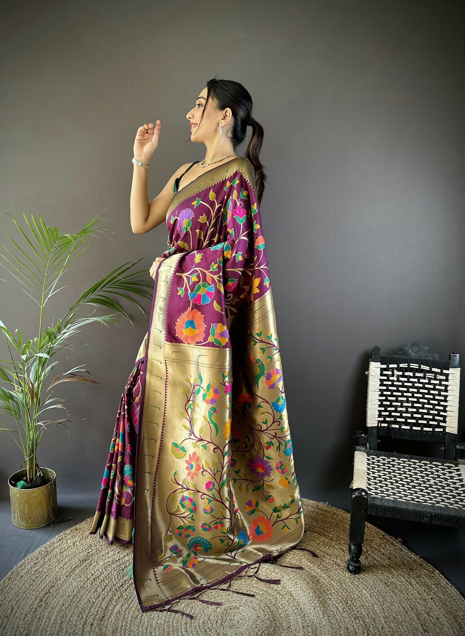 Wine Zari Woven Floral Motif Soft Silk Paithani Saree