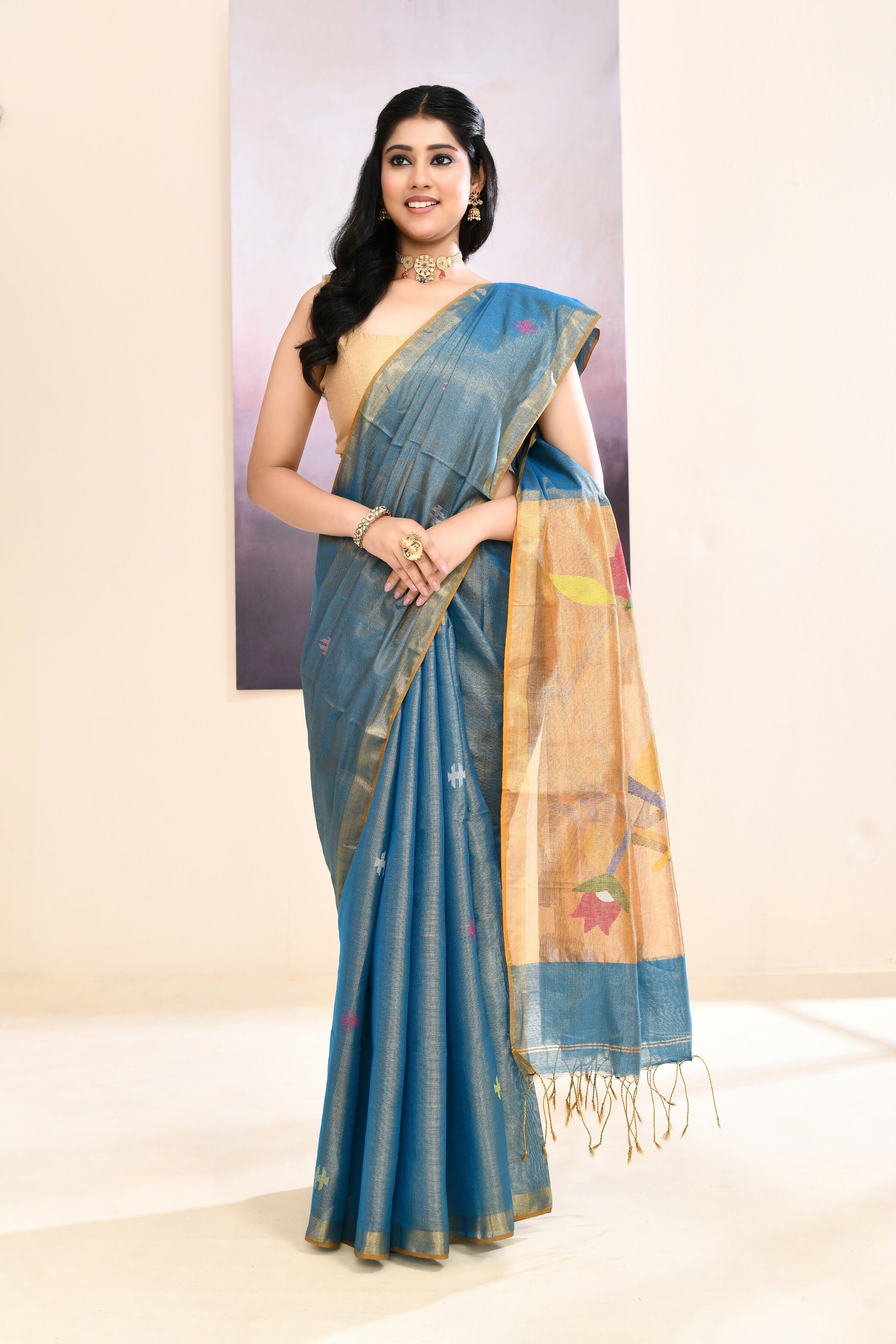 Sky Blue Embellished Tissue Jamdani Saree for Elegant Occasions