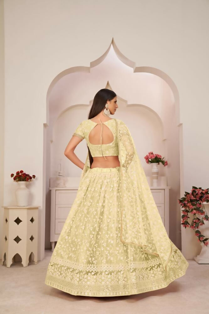 Lemon Yellow Butterfly Net Lehenga with Zari and Sequence Work