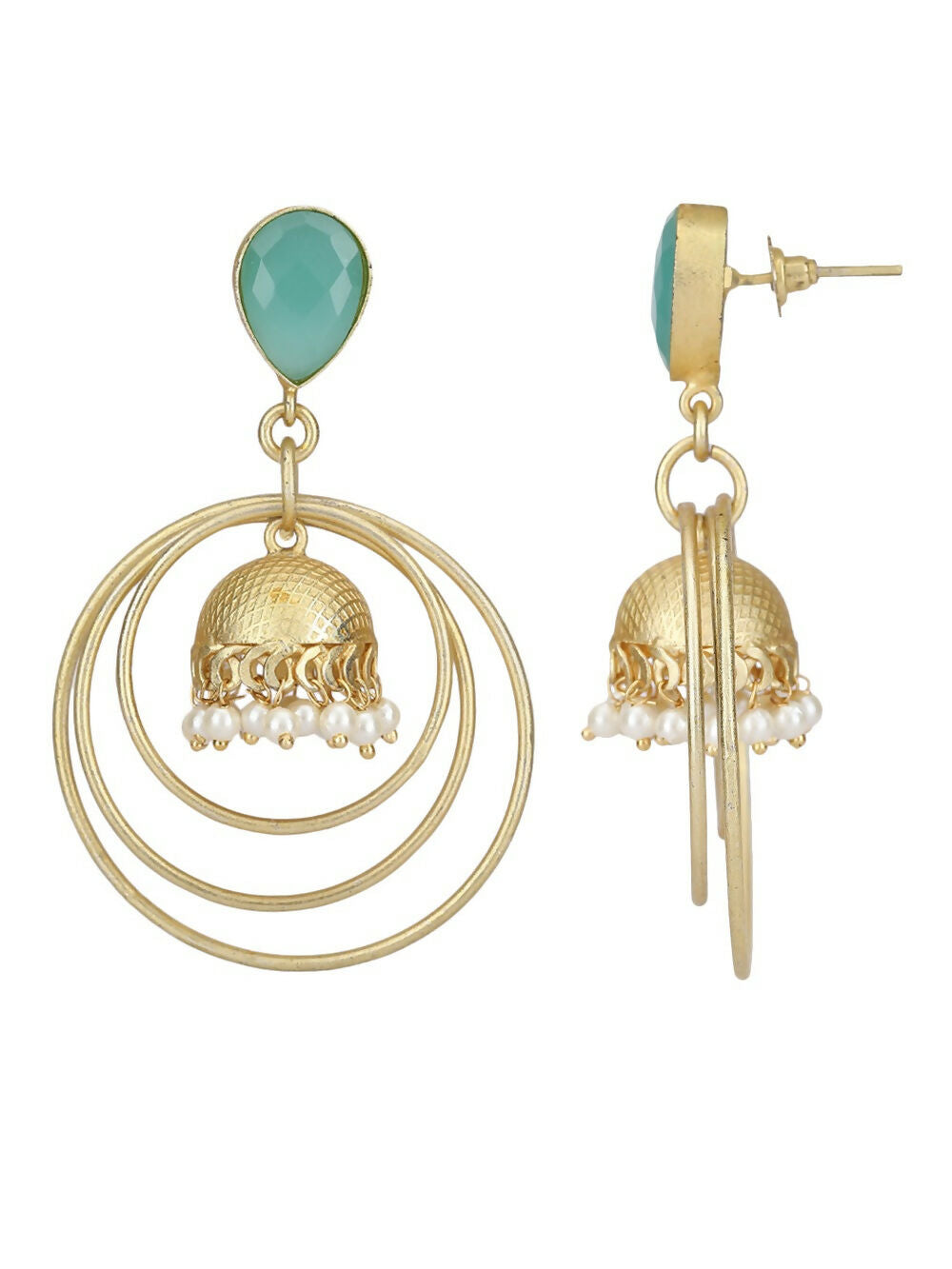 Matte Gold Round Earrings with Green Stone Accents