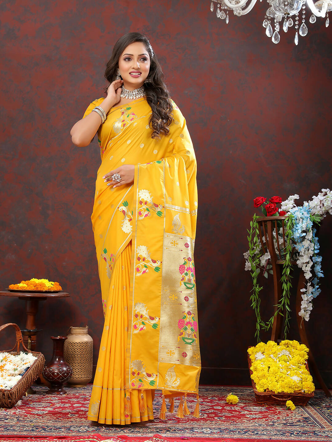 Gold Soft Paithani Silk saree with elaborate gold zari and Meenakari weaving