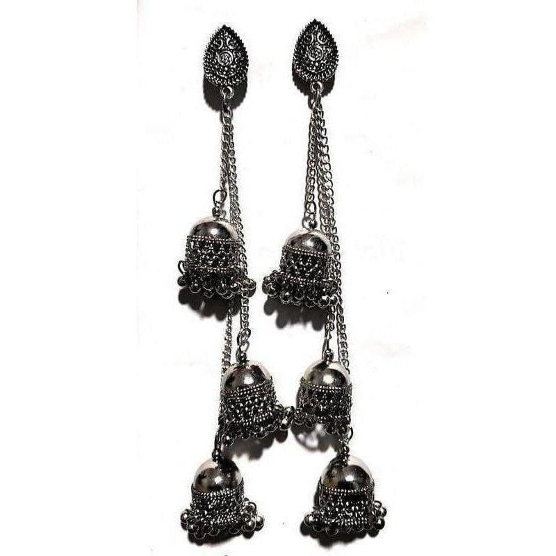 Antique Kashmiri style triple jhumka earrings with black pearls and long chains