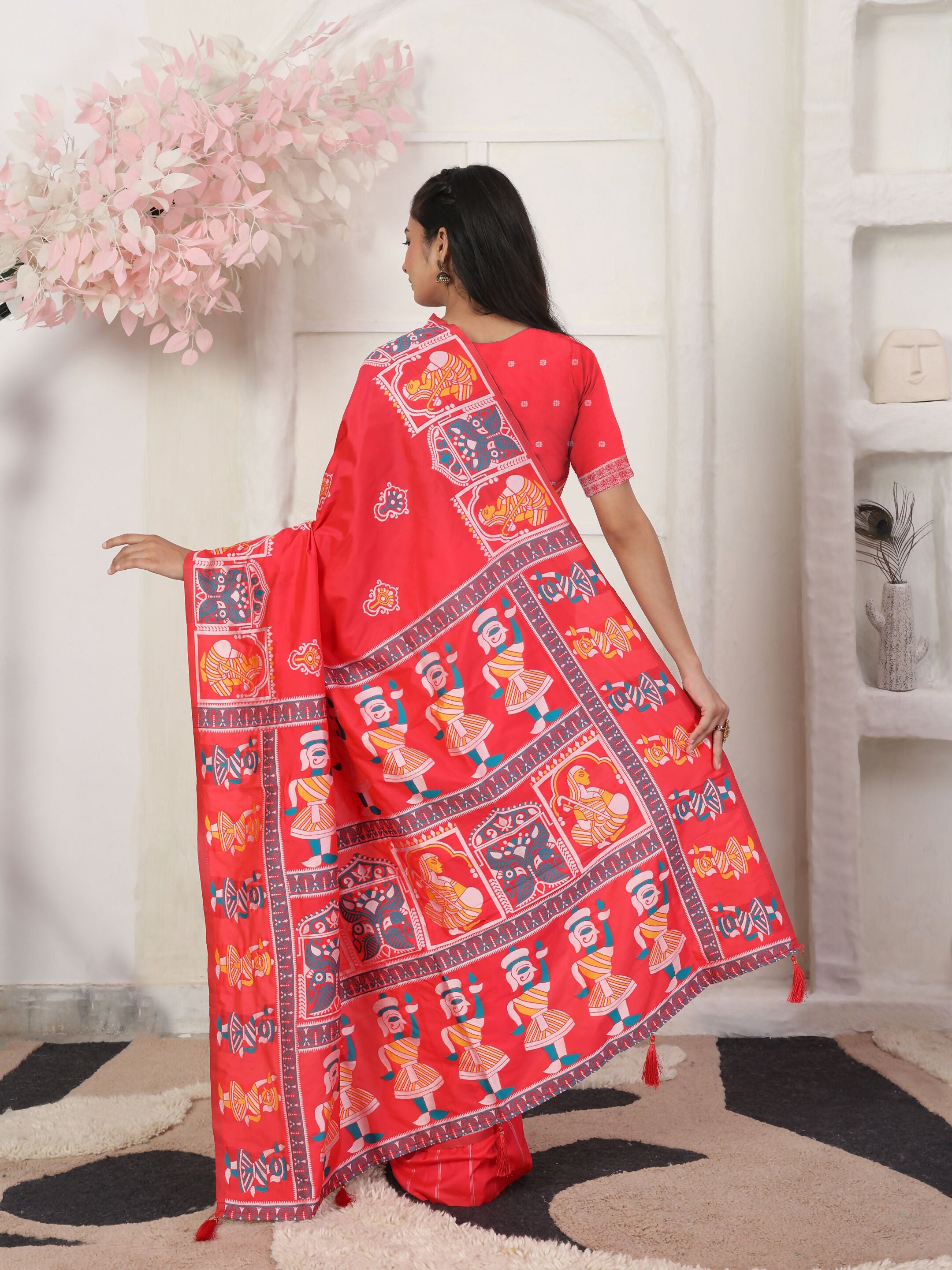 Red Silk Blend Saree with Matching Blouse Piece