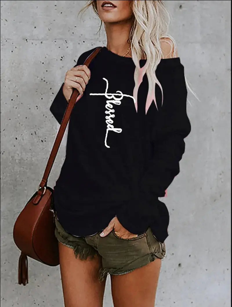 Printed Loose Off-the-Shoulder Round Neck T-shirt