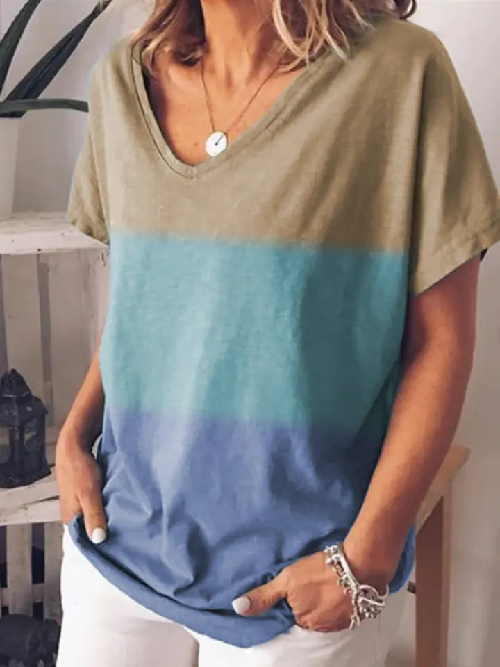 Women's Short Sleeve V-Neck Color Block Gradient T-Shirt - Image 3