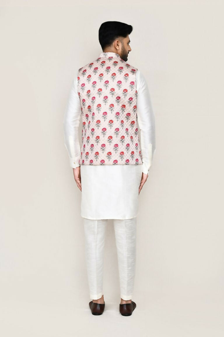 White Art Silk Kurta Set with Matching Jacket and Straight Pants
