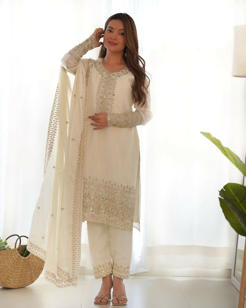 Elegant White Silk Kurta Set with Sequined Embroidery Work