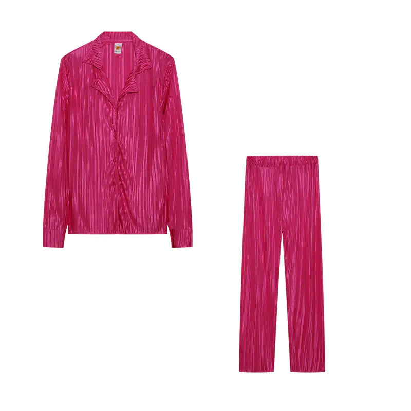 Women's Pleated Casual Button Down Shirt and Wide Leg Pant Set - Image 22