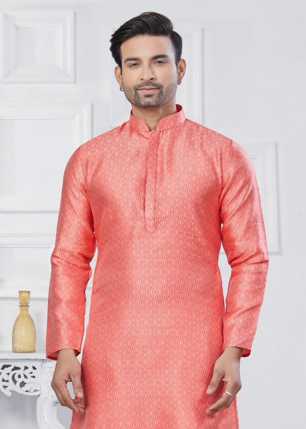 Boys Pink Jacquard Silk Printed Kurta Pyjama Ethnic Set