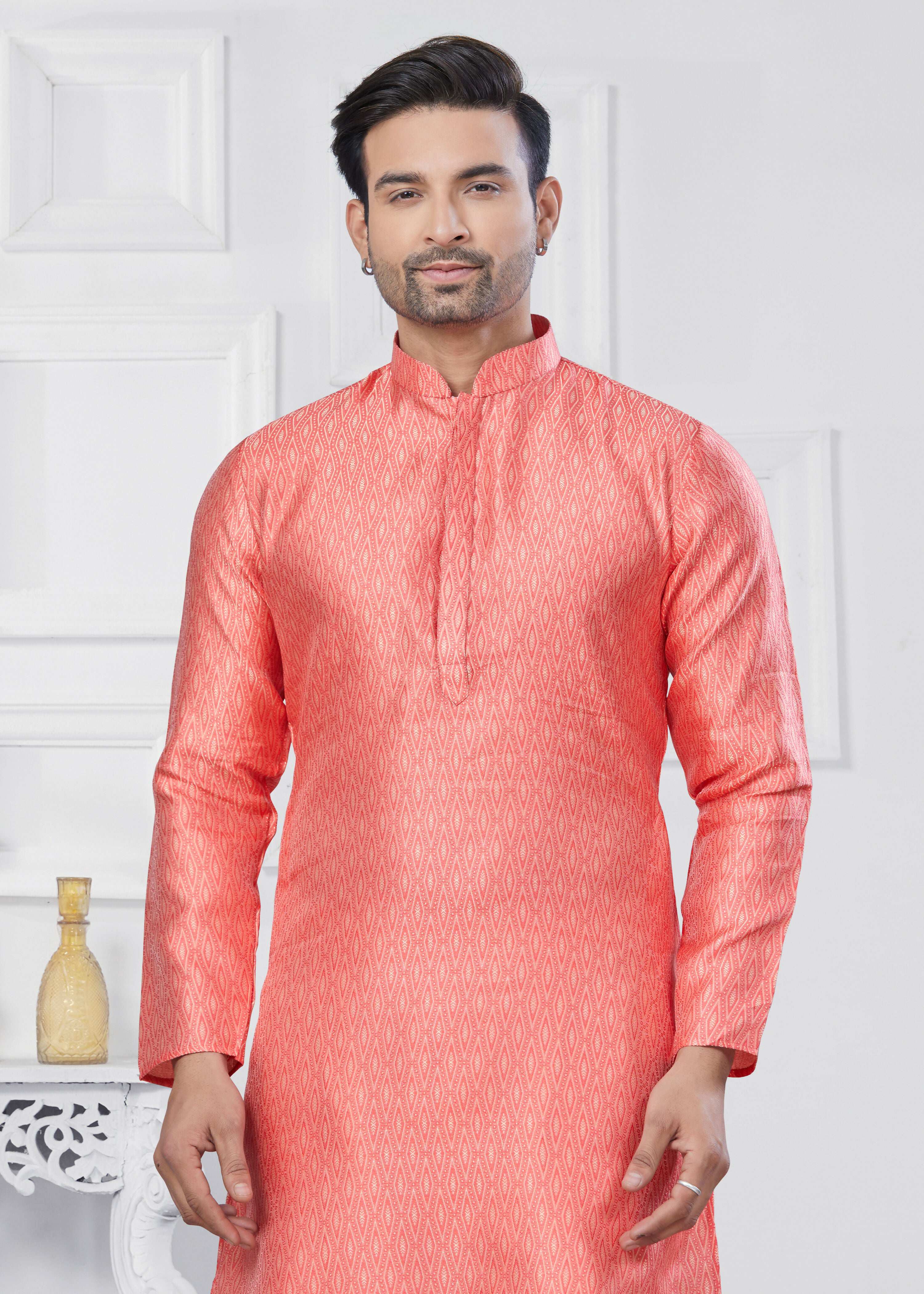 Boys Pink Jacquard Silk Printed Kurta Pyjama Ethnic Set