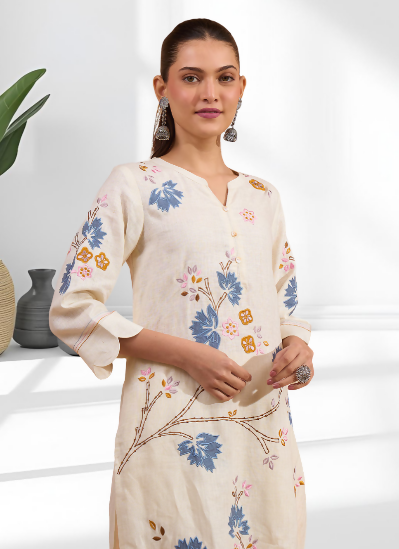 Cream Embroidered Linen Long Kurta Set with Matching Pant