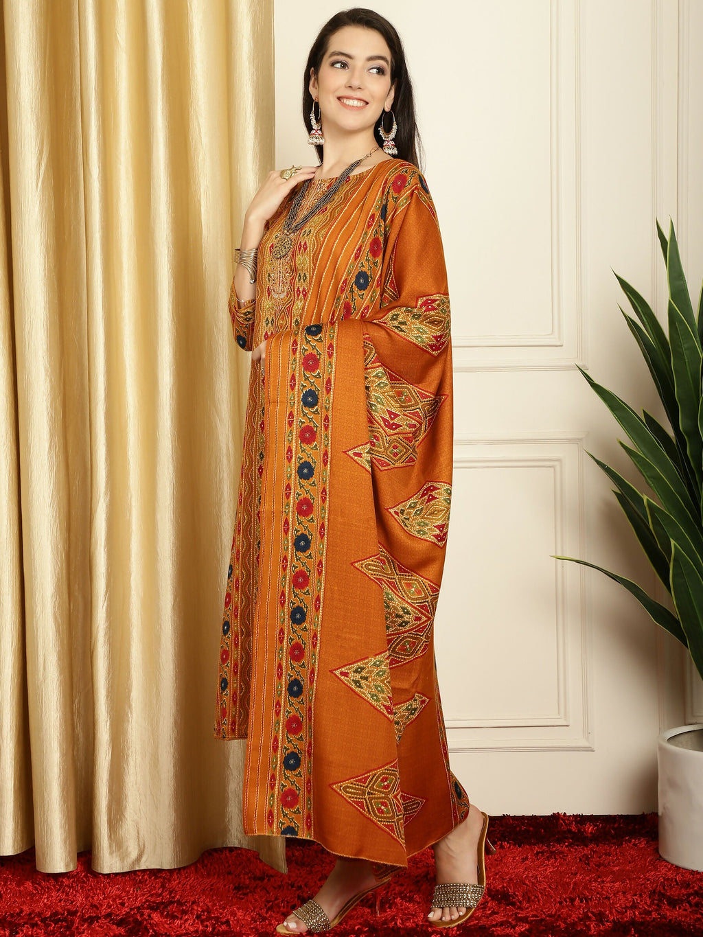 Women's Mustard Pashmina Floral Digital Printed Kurta Set
